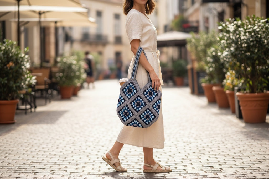 Bolso Hombro Crochet Granny Square Azul y Gris