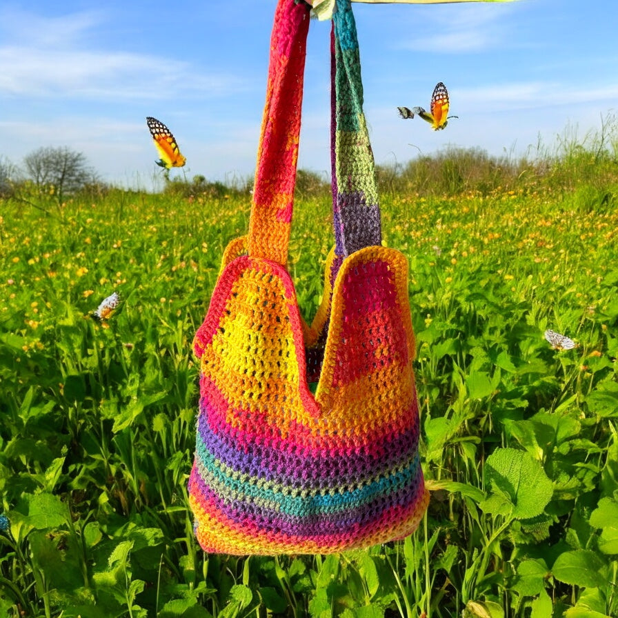 BOLSO TEJIDO A CROCHET DE COLORINES EN TONOS DE VERANO