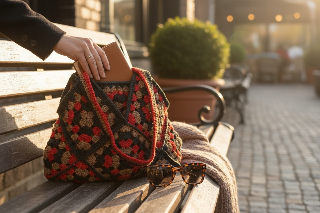 Bolso de Crochet Granny Square, Marrón Azul Amarillo, Estilo Bohemio Artesanal, Asa Trenzada