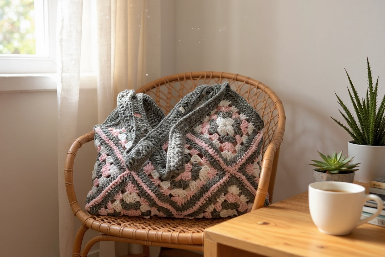 Bolso Mano Crochet Granny Square Gris y Rosa