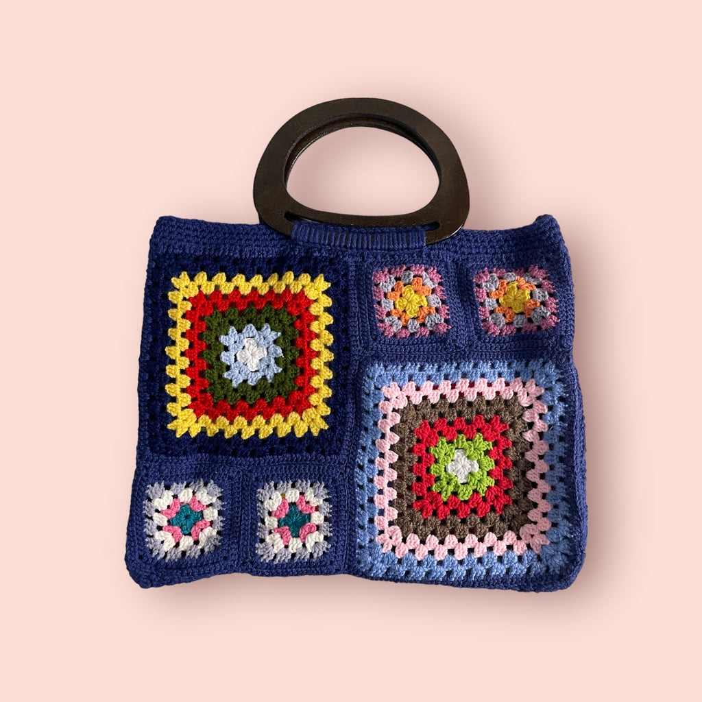 Bolso Mano Crochet Granny Square Azul Marino Asa Madera