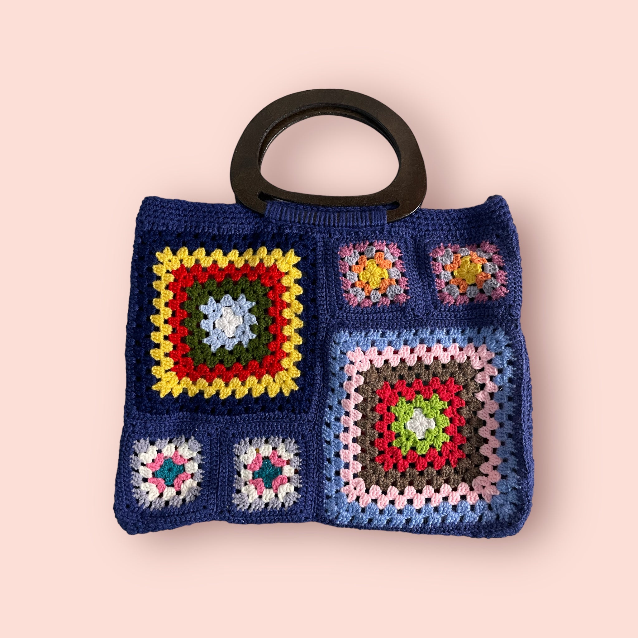 Bolso Mano Crochet Granny Square Azul Marino Asa Madera