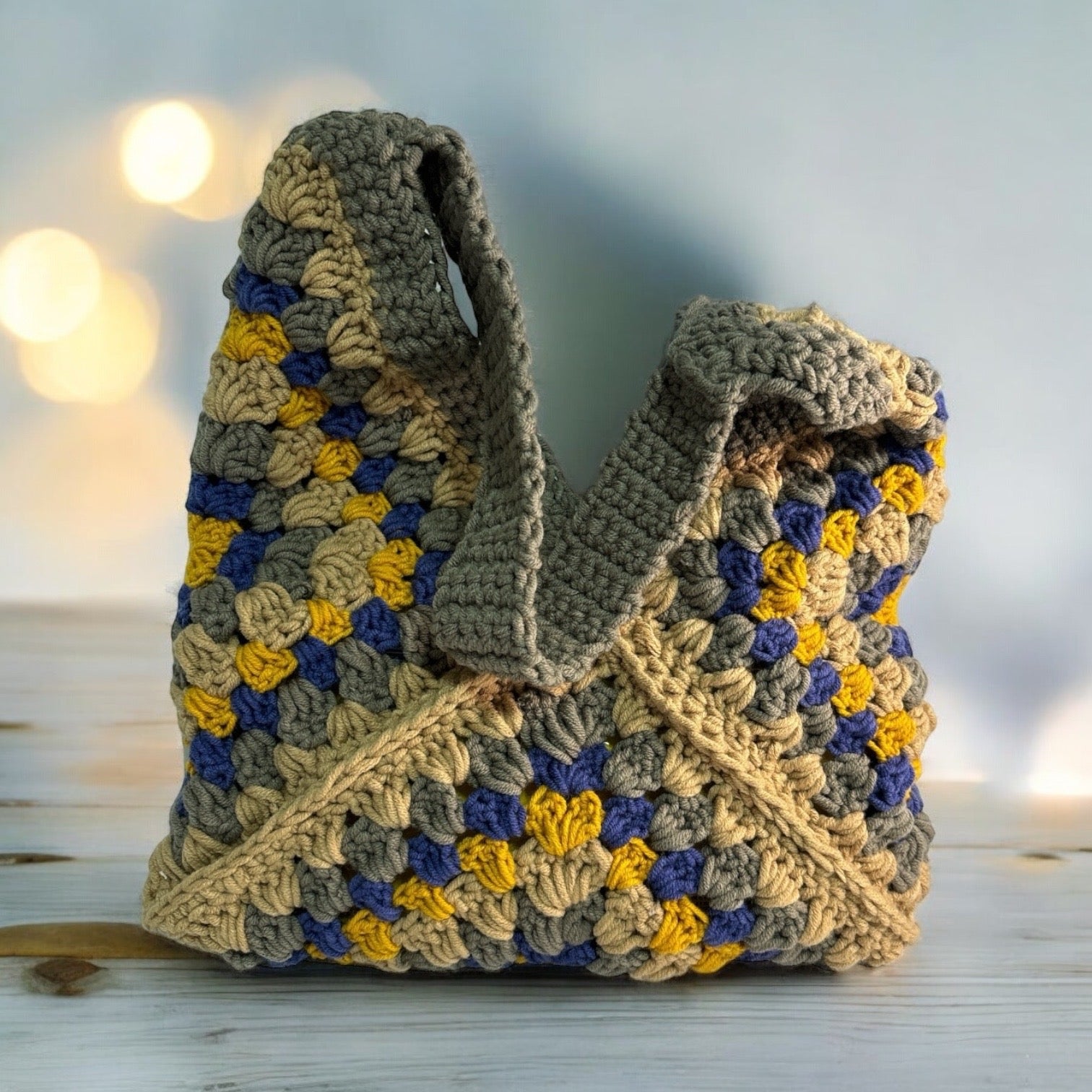 Bolso Tote Crochet Gris Azul y Amarillo