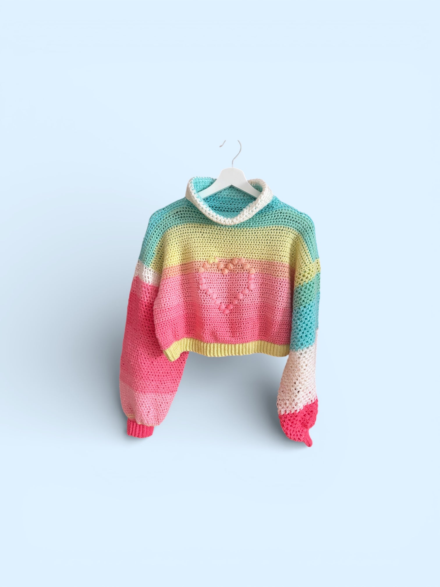 Suéter Crochet Cropped Pastel Arcoíris Cuello Alto