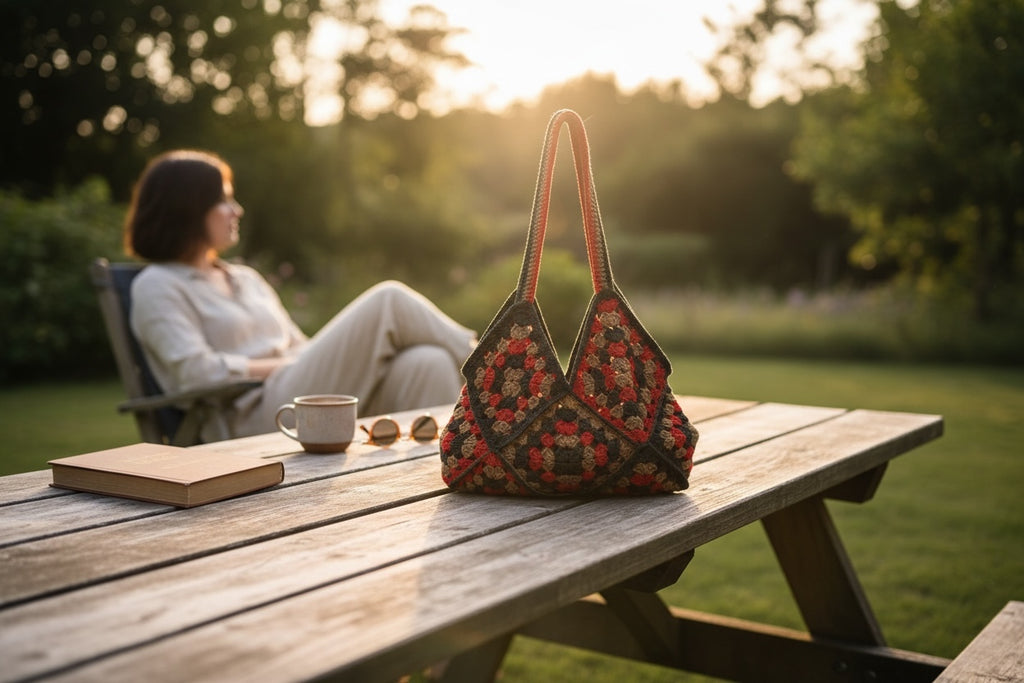 Bolso Crochet Granny Square Marrón y Azul Asa Trenzada