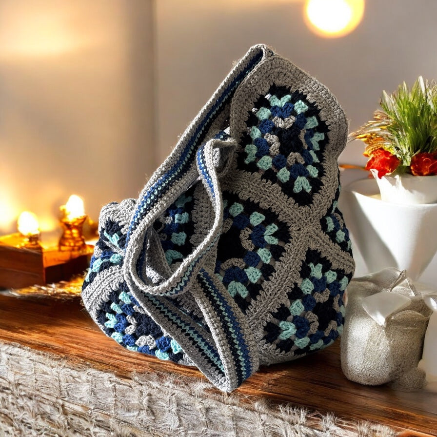 Bolso Hombro Crochet Granny Square Azul y Gris