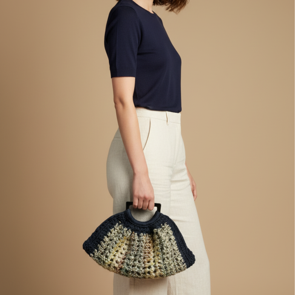 Bolso Crochet Azul Marino Multicolor Asa Acrílico