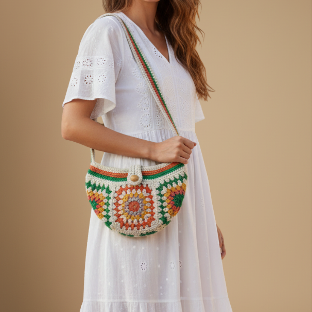 Bolso Cruzado Crochet Granny Square Botón Madera
