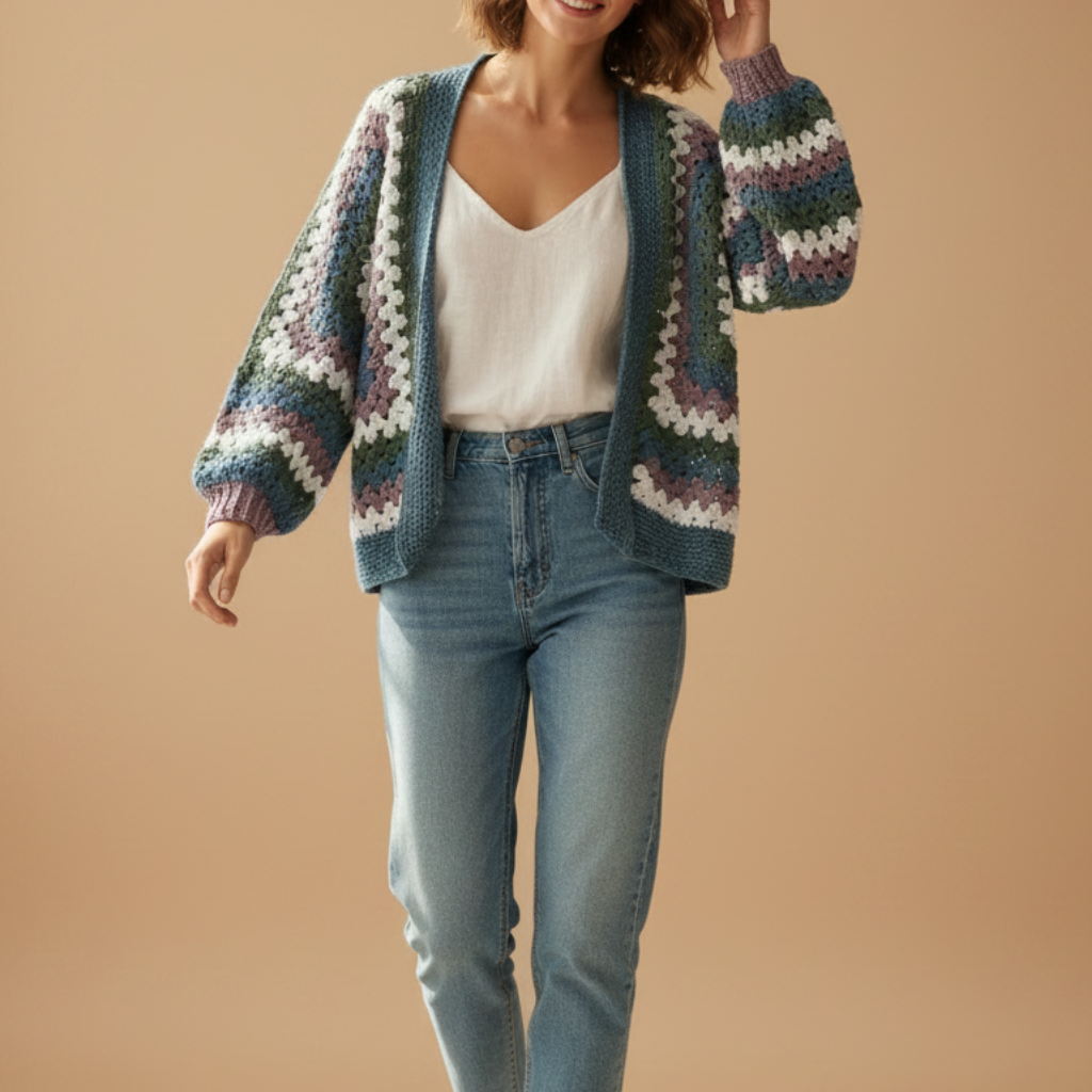 Chaqueta Crochet Granny Square Azul y Malva