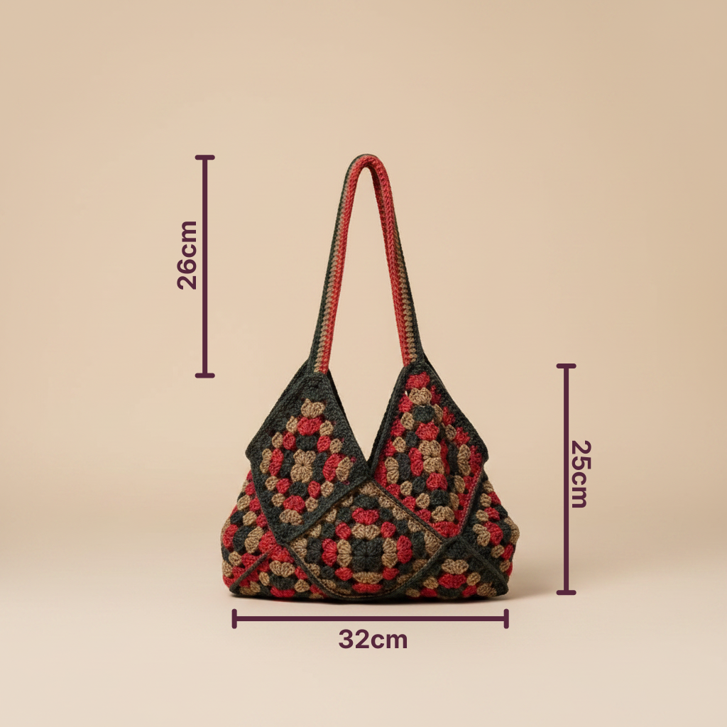 Bolso Crochet Granny Square Marrón y Azul Asa Trenzada