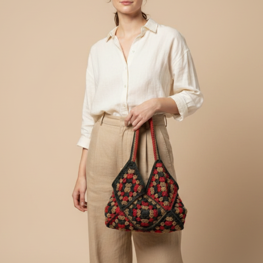 Bolso Crochet Granny Square Marrón y Azul Asa Trenzada