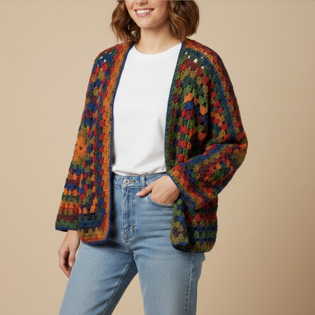 Cardigan Crochet Granny Square Arcoíris Boho