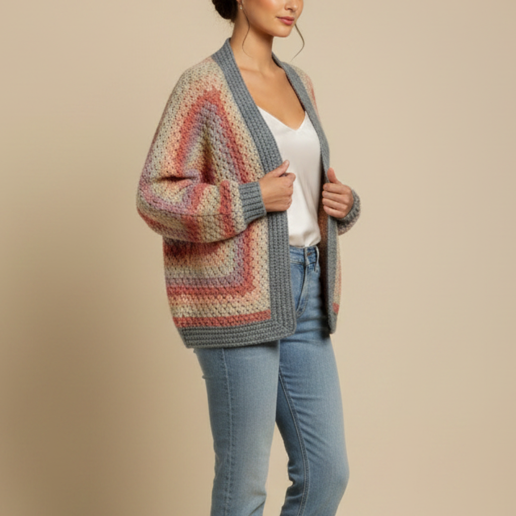 Cárdigan Crochet Rayas Coral y Beige