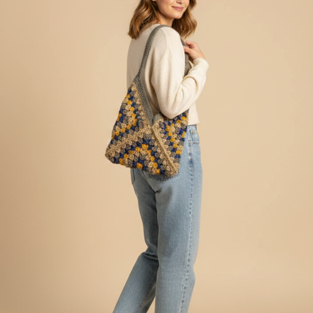 Bolso Tote Crochet Gris Azul y Amarillo
