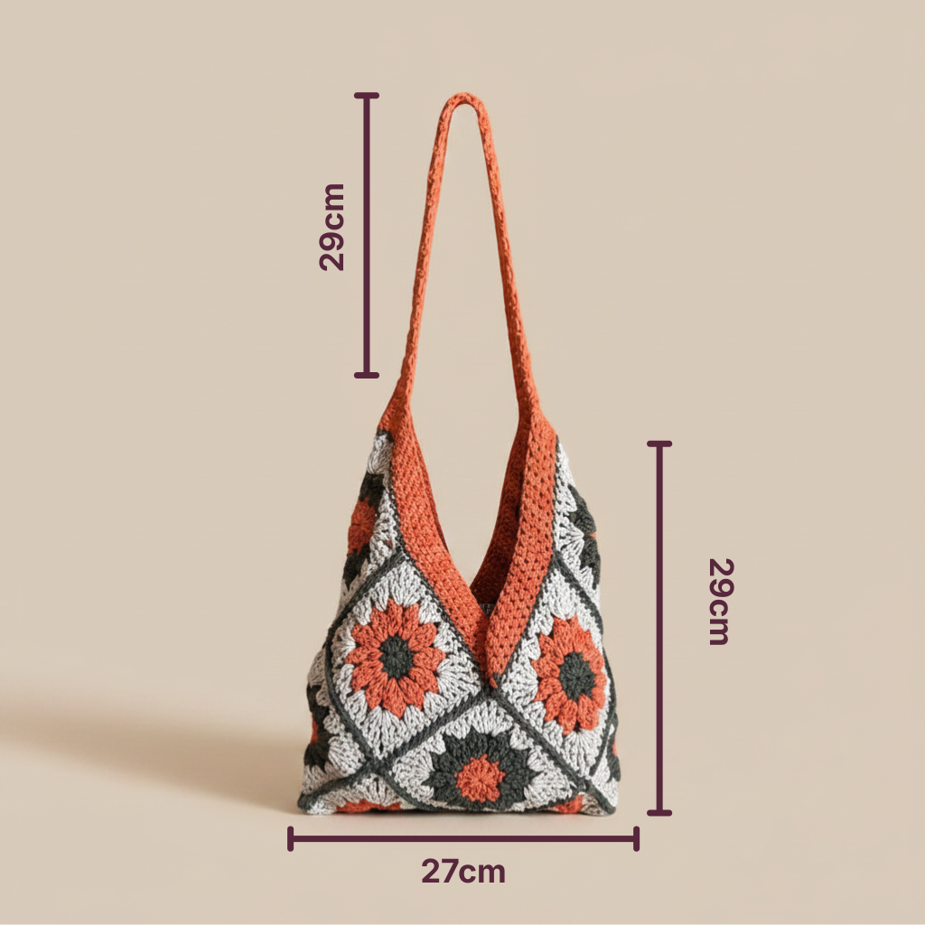 Bolso Hombro Crochet Granny Square Coral y Gris