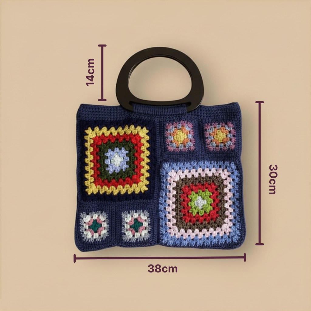 Bolso Mano Crochet Granny Square Azul Marino Asa Madera