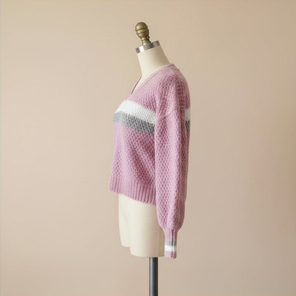 Suéter Crochet Cropped Cuello V Rosa