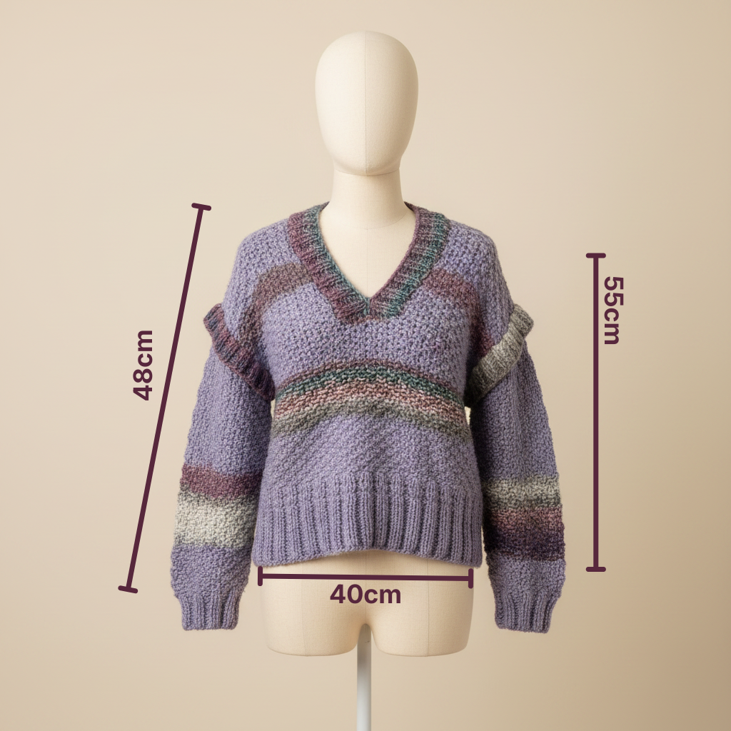 Suéter Crochet Cuello V Lavanda con Rayas