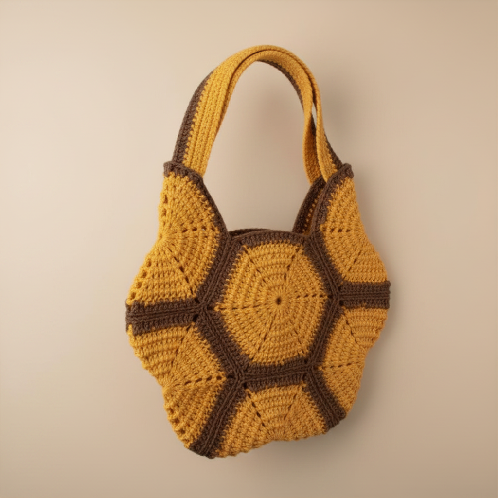 Bolso artesanal de crochet en tonos mostaza y marrón, estilo boho hecho a mano