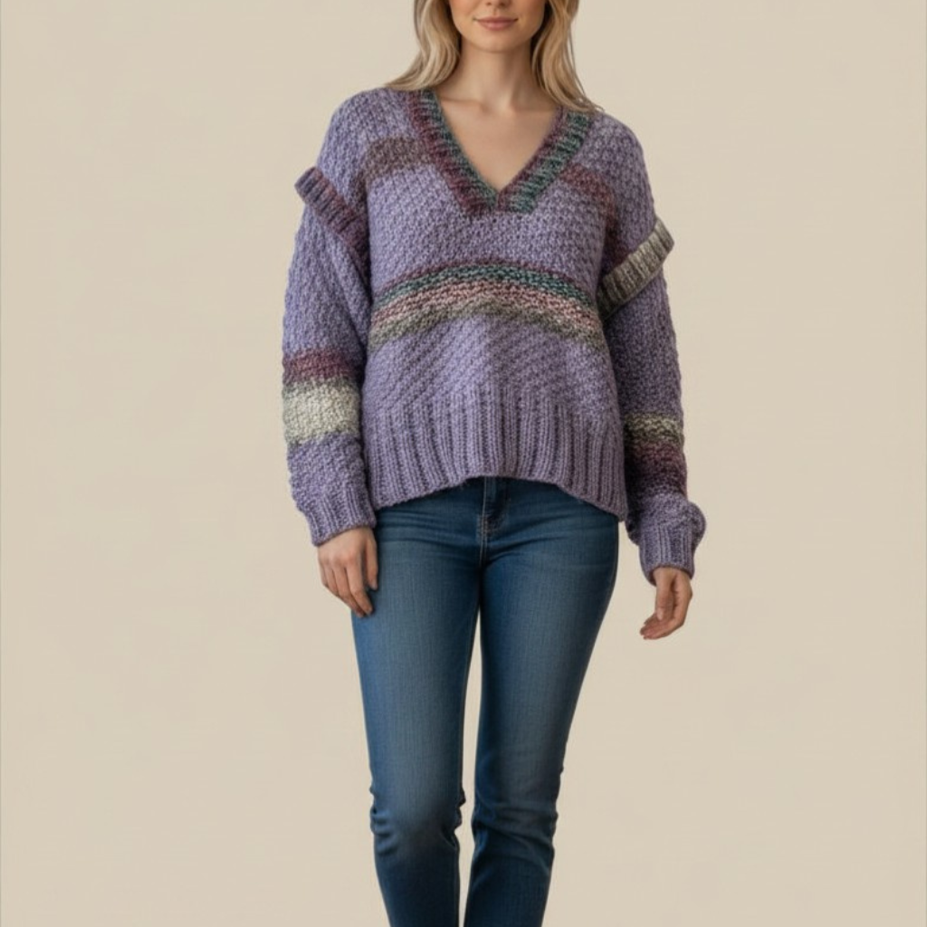 Suéter Crochet Cuello V Lavanda con Rayas
