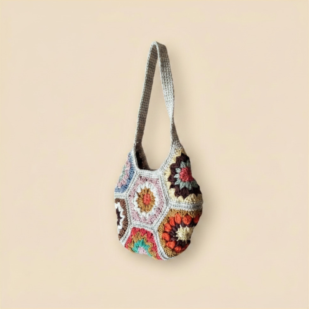 Bolso Hombro Crochet Hexagonal con Flores Boho