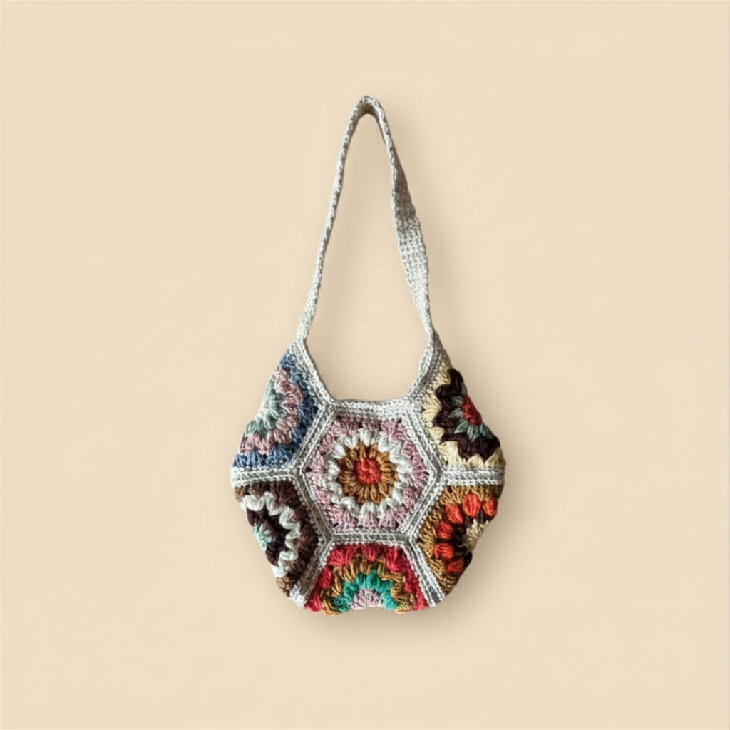 Bolso Hombro Crochet Hexagonal con Flores Boho