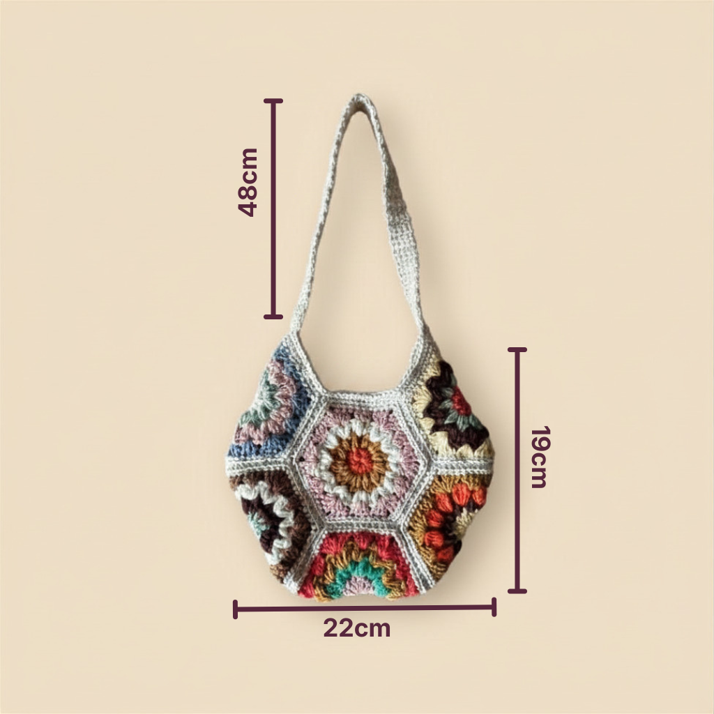 Bolso Hombro Crochet Hexagonal con Flores Boho