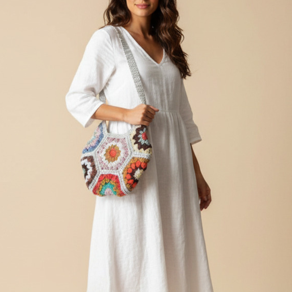 Bolso Hombro Crochet Hexagonal con Flores Boho