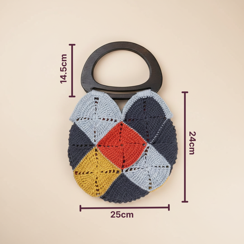 Bolso Mano Crochet Geométrico Asa de Madera