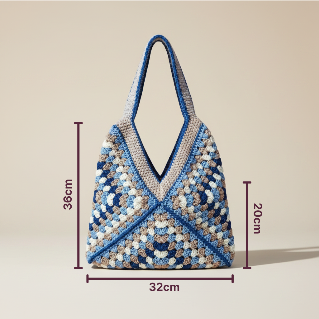 Bolso Playa Crochet Granny Square Azul y Beige