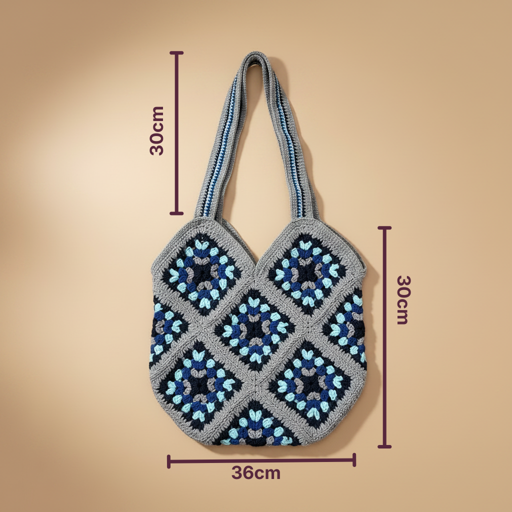 Bolso Hombro Crochet Granny Square Azul y Gris