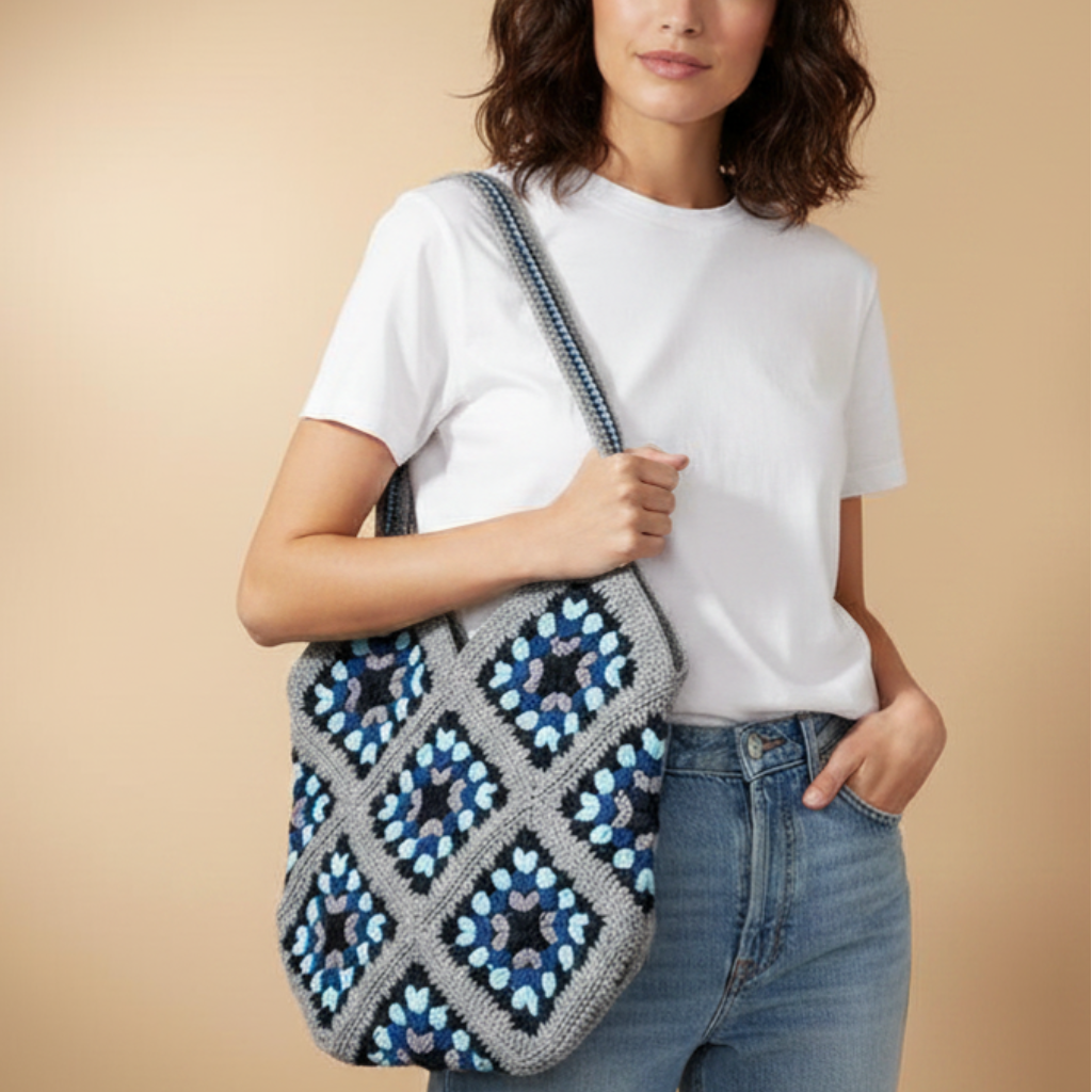 Bolso Hombro Crochet Granny Square Azul y Gris