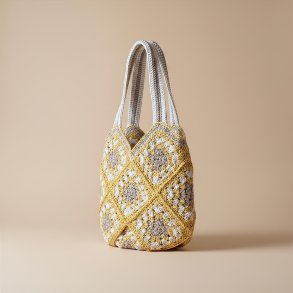 Bolso Tote Crochet Beige Amarillo y Gris