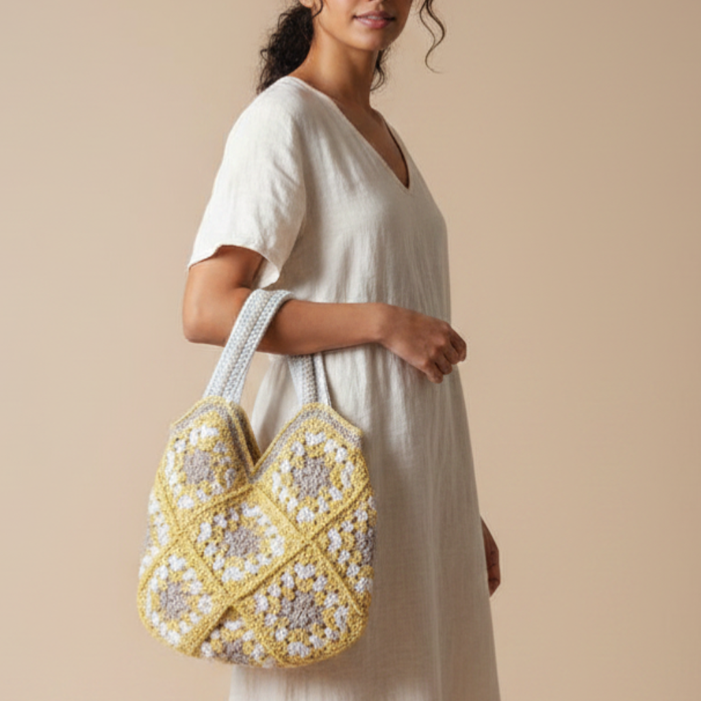 Bolso Tote Crochet Beige Amarillo y Gris