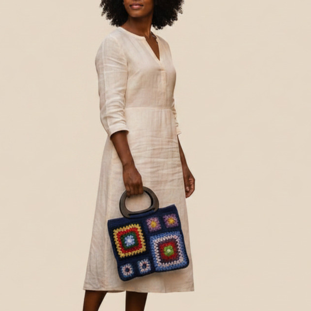 Bolso Mano Crochet Granny Square Azul Marino Asa Madera