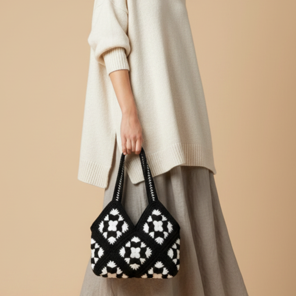Bolso Hombro Crochet Granny Square Negro con Flores