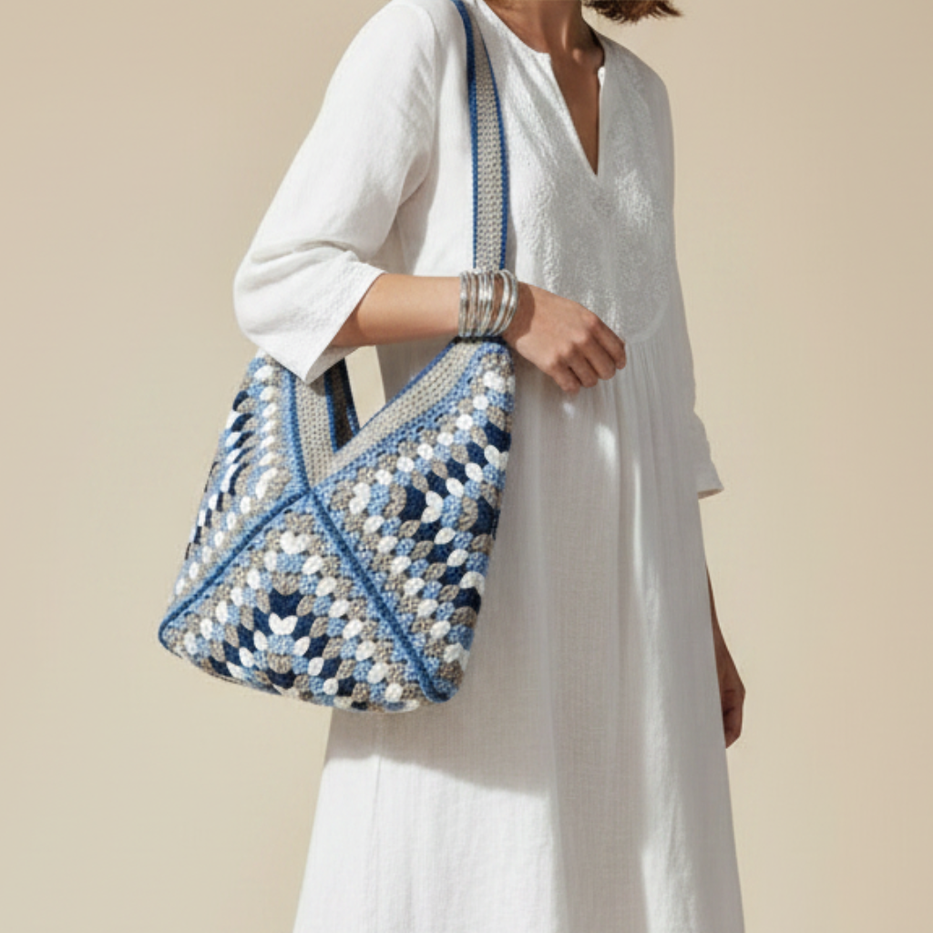 Bolso Playa Crochet Granny Square Azul y Beige