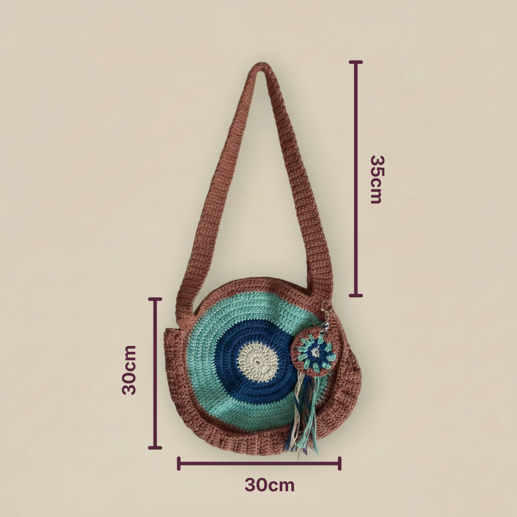 Bolso Cruzado Crochet Circular Turquesa y Marrón