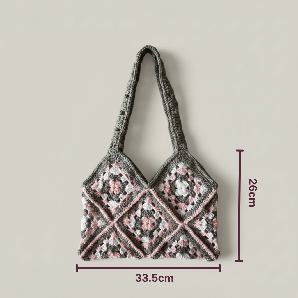 Bolso Mano Crochet Granny Square Gris y Rosa
