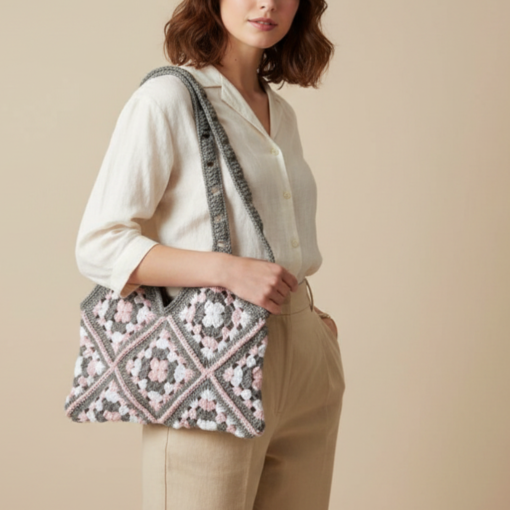 Bolso Mano Crochet Granny Square Gris y Rosa