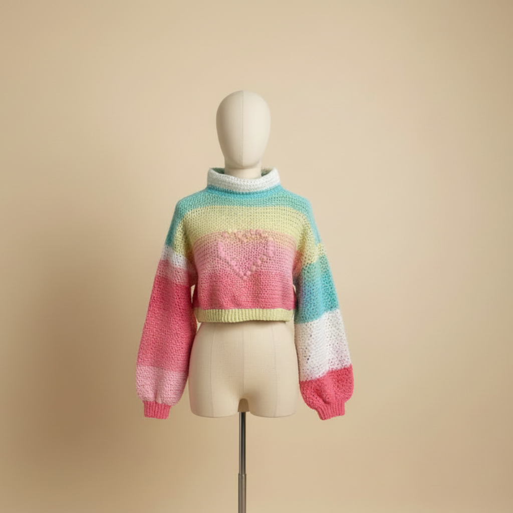 Suéter Crochet Cropped Pastel Arcoíris Cuello Alto