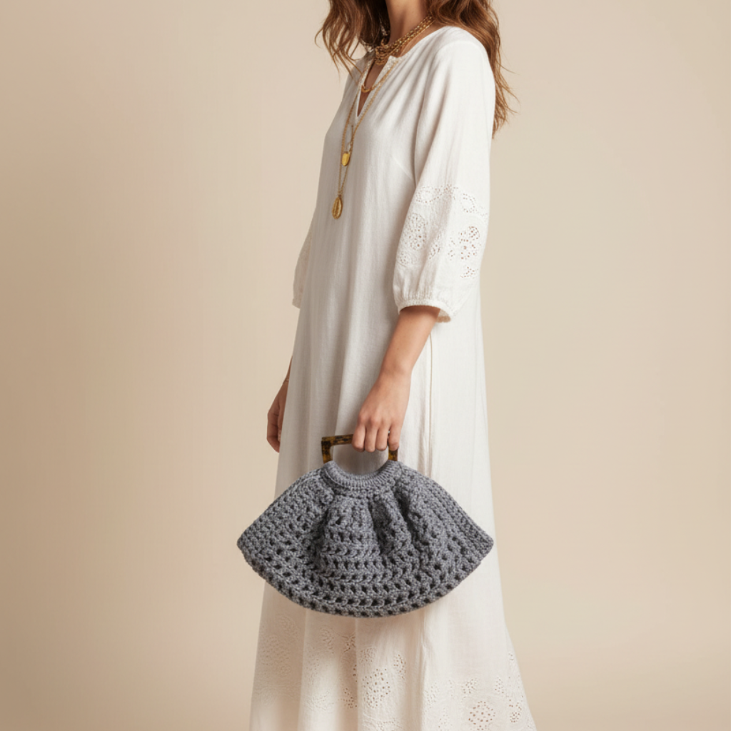 Bolso Mano Crochet Gris Semicircular Asa Acrílico