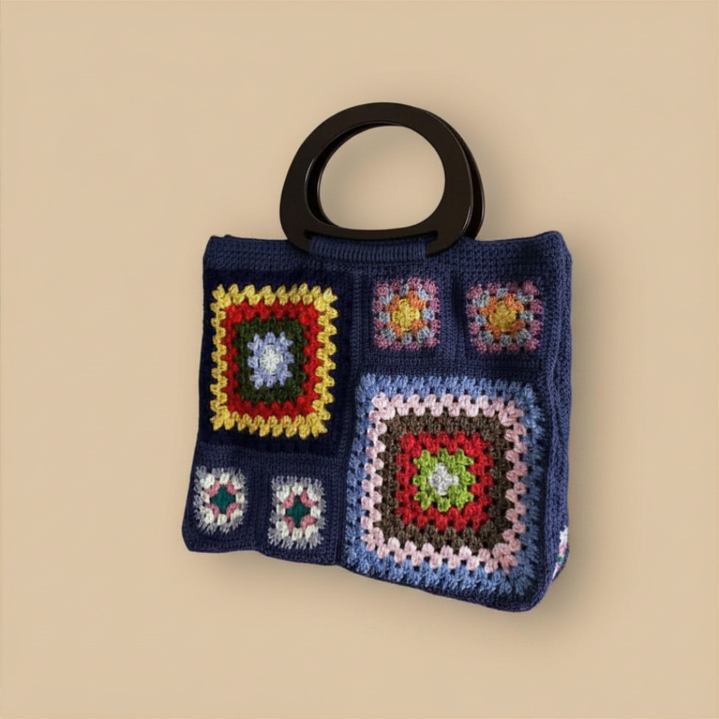 Bolso Mano Crochet Granny Square Azul Marino Asa Madera