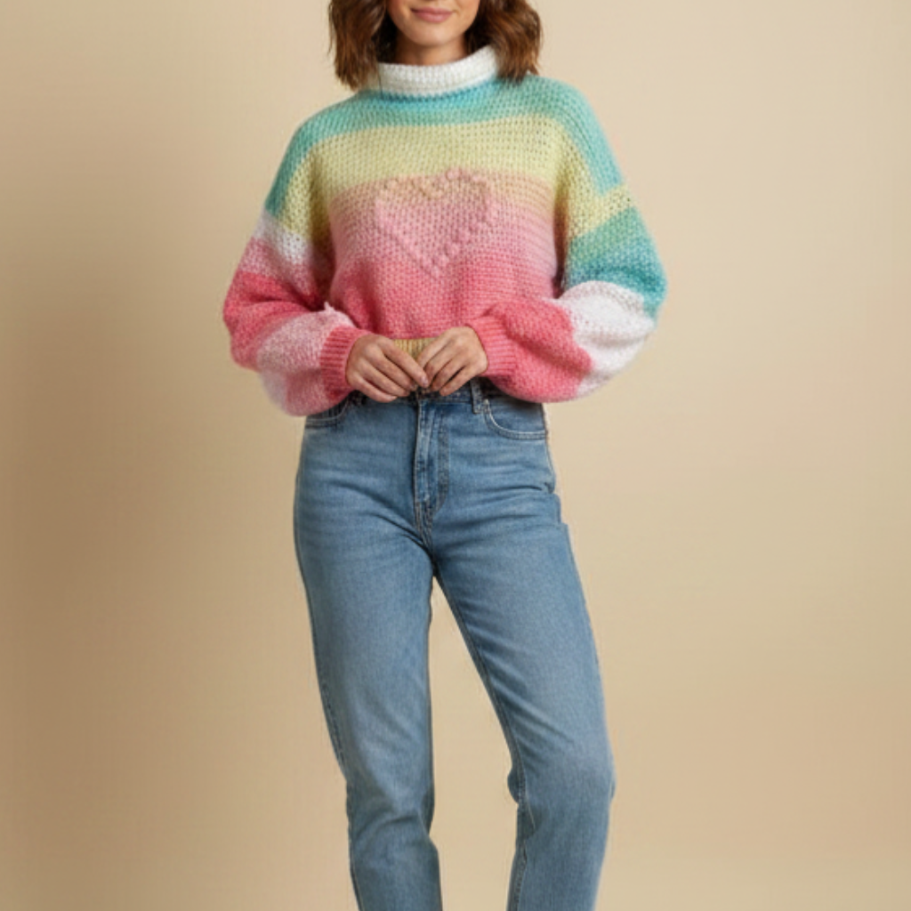 Suéter Crochet Cropped Pastel Arcoíris Cuello Alto