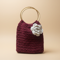 Bolso Mano Crochet Burgundy Flor Crema Anillo Dorado