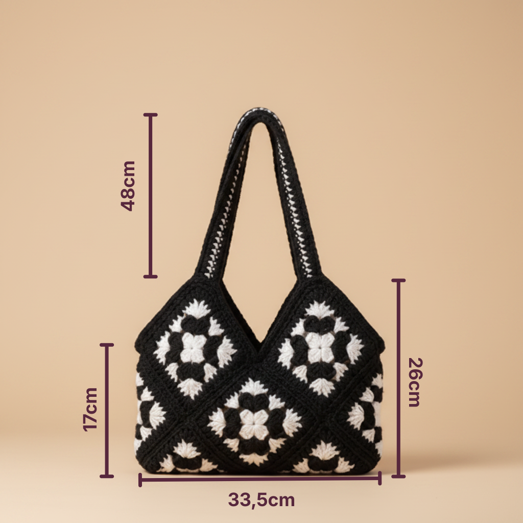 Bolso Hombro Crochet Granny Square Negro con Flores