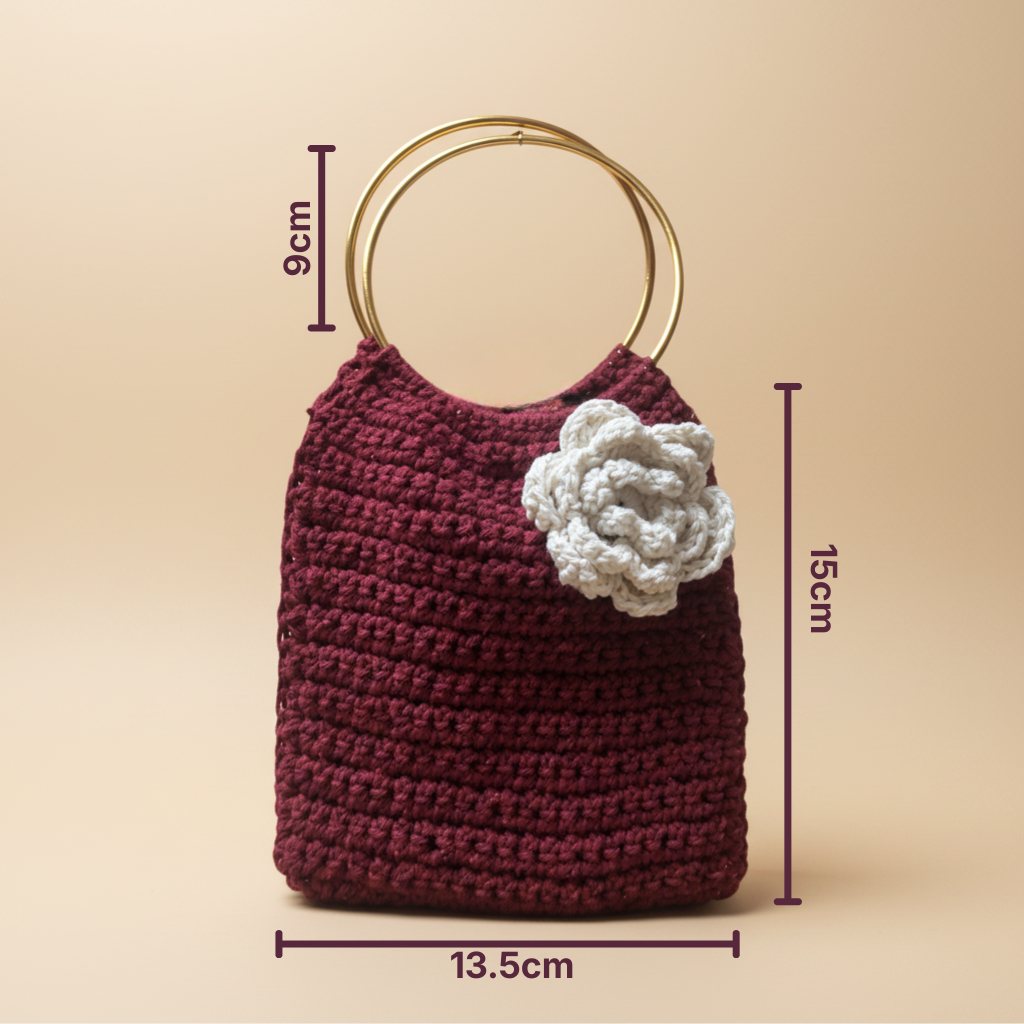 Bolso Mano Crochet Burgundy Flor Crema Anillo Dorado