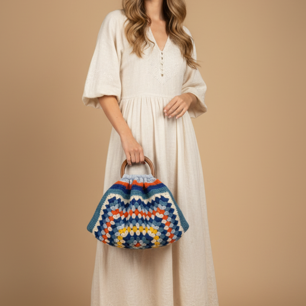 Bolso Mano Crochet Granny Square Asa Madera