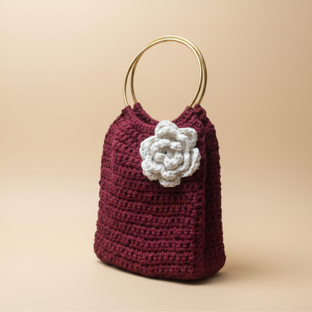 Bolso Mano Crochet Burgundy Flor Crema Anillo Dorado