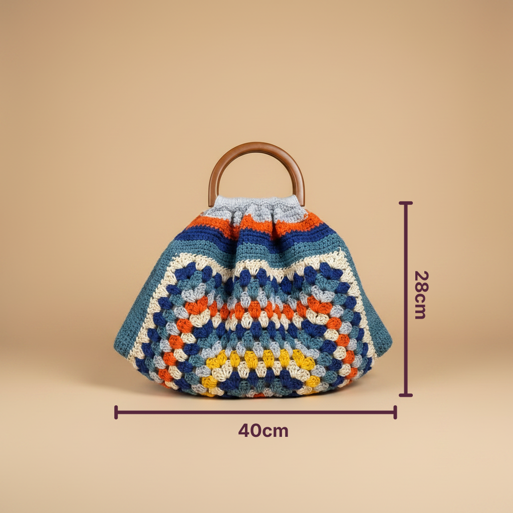 Bolso Mano Crochet Granny Square Asa Madera